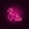 mother watches the child on a bicycle icon. Elements of Family in neon style icons. Simple icon for websites, web design, mobile Royalty Free Stock Photo