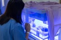 Mother watching at the Newborn baby with hyperbilirubinemia / Neonatal jaundice under blue UV light for phototheraphy on infant