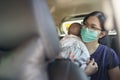 Mother wearing Protective face mask holding adorable newborn