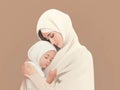 A mother in a white hijab embracing her andchild inspiring a future of kindness and love.. AI generation