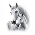 Mother white horse and her baby foal. Illustration for Mothers Day and spring.