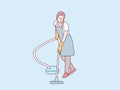 Mother woman with apron and gloves cleaning floor vacum cleaner simple korean style illustration