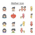 Mother and Woman icon set filled outline style