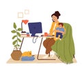 Mother work from home. Working mom, happy busy freelancer holding baby. Flat woman sitting computer desk talk phone