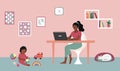 Mother works at home with laptop. Baby toddler playing with toys on floor. African american woman working remotely and sitting at