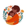 Mother's day. Afro American woman with girl child, flowers, twigs, hearts around. Mother holding her daughter