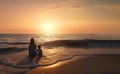 On mothers day, mother and daughter sit on the beach at sunset. Fictional person created with generative AI. Royalty Free Stock Photo