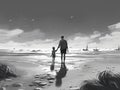 A Mother Holding Her Son's Hand While Taking a Walk on the Beach. Ai Generated