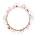 Mother's Day watercolor floral wreath of pink white almond or cherry flowers illustration. Round frame template Royalty Free Stock Photo