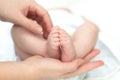 The mother& x27;s hands tenderly and lovingly hold the legs of a small child who is several months old from the moment of Royalty Free Stock Photo