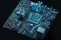 Motherboard as giant city, megapolis at night, blend between technology and urban landscape, dark image with lights, AI generative