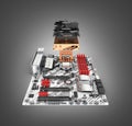 Motherboard complete with processor and cooling system in disassembled form isolated on black gradient background 3d render