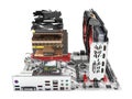 Motherboard complete with RAM and video card in disassembled form isolated on white background 3d render Royalty Free Stock Photo