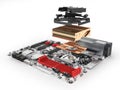 Motherboard complete withprocessor and cooling system in disassembled form isolated on white background 3d render with blur