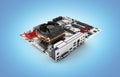 Motherboard with cooling system realistic chips and slots isolated on blue gradient background 3d render