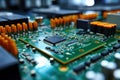 Motherboard with electronic components. Powerful processor. Development of computer technologies. Modern electronics production Royalty Free Stock Photo