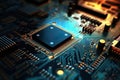 Motherboard with electronic components. Powerful processor. Development of computer technologies. Modern electronics production Royalty Free Stock Photo