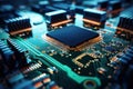 Motherboard with electronic components. Powerful processor. Development of computer technologies. Modern electronics production Royalty Free Stock Photo