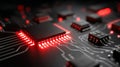 On a motherboard, a futuristic glowing circuit board has been fitted with a central processing unit microchip and an array of Royalty Free Stock Photo