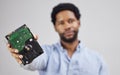 Motherboard in hand, black man and computer hardware, and technician with maintenance and electronics upgrade. Closeup Royalty Free Stock Photo