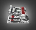 Motherboard with realistic chips and slots isolated on black gradient background 3d render