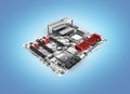 Motherboard with realistic chips and slots isolated on blue gradient background 3d render