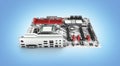 Motherboard with realistic chips and slots isolated on blue gradient background 3d render