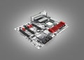 Motherboard with realistic chips and slots isolated on gray gradient background 3d render