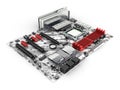 Motherboard with realistic chips and slots isolated on white background 3d render