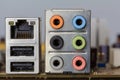 Motherboard rear panel interfaces connectors and outputs Royalty Free Stock Photo