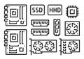 Motherboard, video card, cpu, ram, disk, computer components icons set