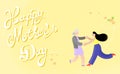 Happy mother day card, young woman daughter dancing with her old mother