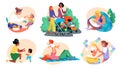 Motherhood, baby care women and kids set of moms and children characters, vector illustrations. Multiracial mothers with