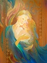 Motherhood blessedness. Oil painting on wood. Fantasy illustration of Celtic fairy with child. Portrait of beautiful young woman Royalty Free Stock Photo