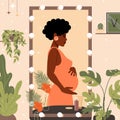 Motherhood concept. Black African American pregnant woman looking in the mirror at home Royalty Free Stock Photo