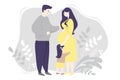 Motherhood. Family - Happy pregnant woman in a yellow dress, gently hugs her belly. Next to her is a daughter and a husband on a Royalty Free Stock Photo