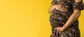 Motherhood, femininity, love, care, waiting, hot summer - bright banner Close-up unrecognizable pregnant woman in floral Royalty Free Stock Photo