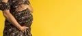 Motherhood, femininity, love, care, waiting, hot summer - bright banner Close-up unrecognizable pregnant woman in floral Royalty Free Stock Photo