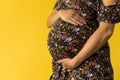 Motherhood, femininity, love, care, waiting, hot summer - bright croped Close-up unrecognizable pregnant woman in floral Royalty Free Stock Photo