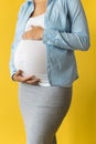 Motherhood, femininity, love, care, waiting, hot summer - bright croped Close-up unrecognizable pregnant woman in shirt Royalty Free Stock Photo