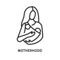 Motherhood flat line icon. Vector illustration a baby in a sling in a womans arms. Breastfeeding