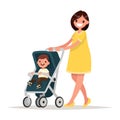 Motherhood. Happy young mother with the baby in the pram. Vector Royalty Free Stock Photo