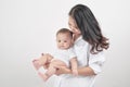 Motherhood and lifestyle concept. Smiling young mother with little baby at home Royalty Free Stock Photo