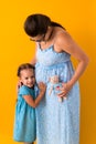 Motherhood, love, Childhood, pregnancy, hot summer - croped portrait pregnant unrecognizable mother woman blue dress