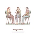 Motherhood, parenting classes, moms with kids at lesson, girlfriends with children together in cafe banner template