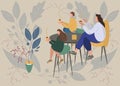 Motherhood portrait lovely woman with her kids. Mother having cup of tea in cafe with table with her babies. Flat modern vector