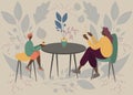 Motherhood portrait lovely woman with her son. Mother having cup of tea in cafe with table with her child. Flat modern vector