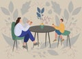 Motherhood portrait lovely woman with her son. Mother having cup of tea in cafe with table with her child. Flat modern vector