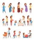 Motherhood Retro Cartoon Icons Set