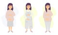 Motherhood. Vector set Happy pregnant woman tenderly hugs her belly with hands in different clothes for pregnant women - jumpsuit